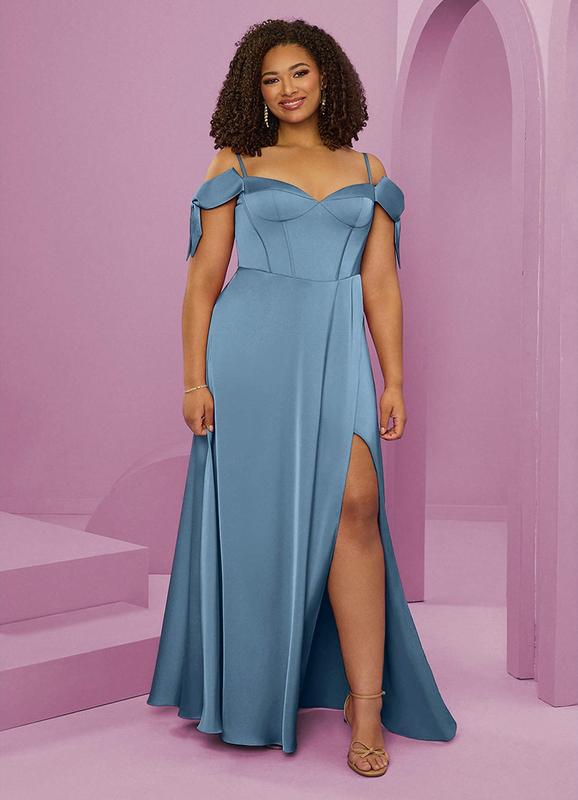 Barbie ♥ Azazie Bridesmaid Dresses Steel Blue A-Line Off the Shoulder Stretch Satin Dress image1