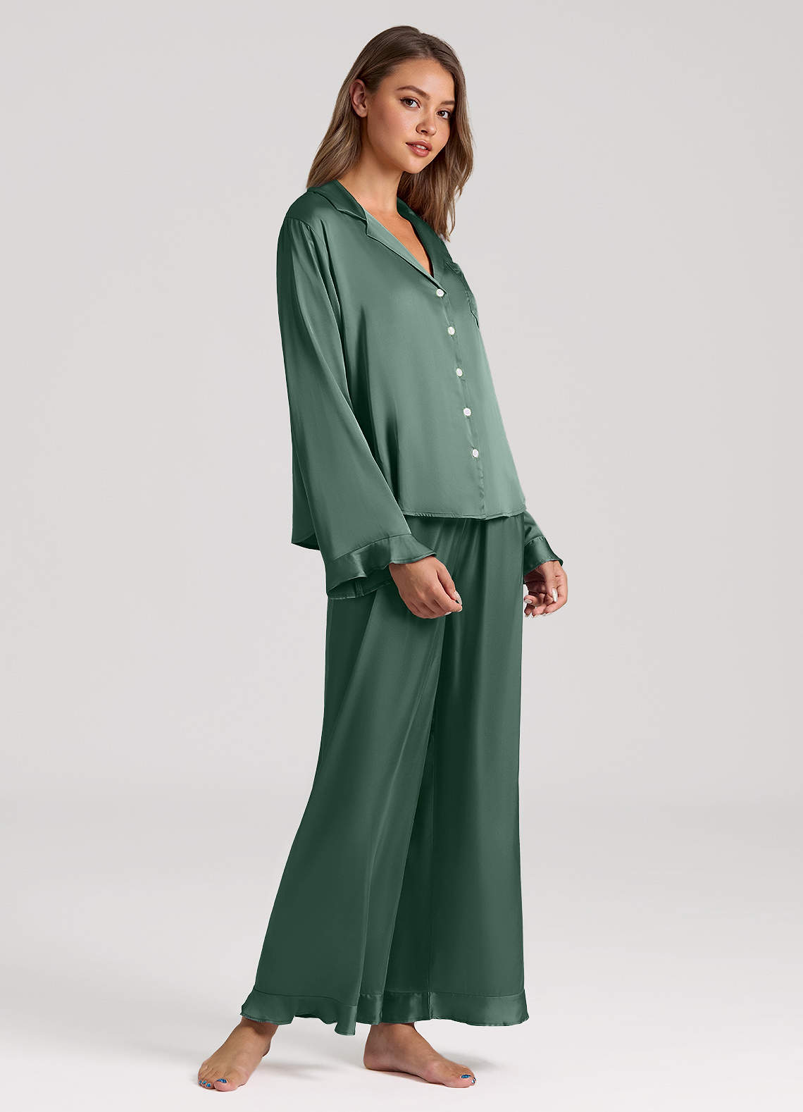 front Ruffled Satin Long Sleeve Pajama Set