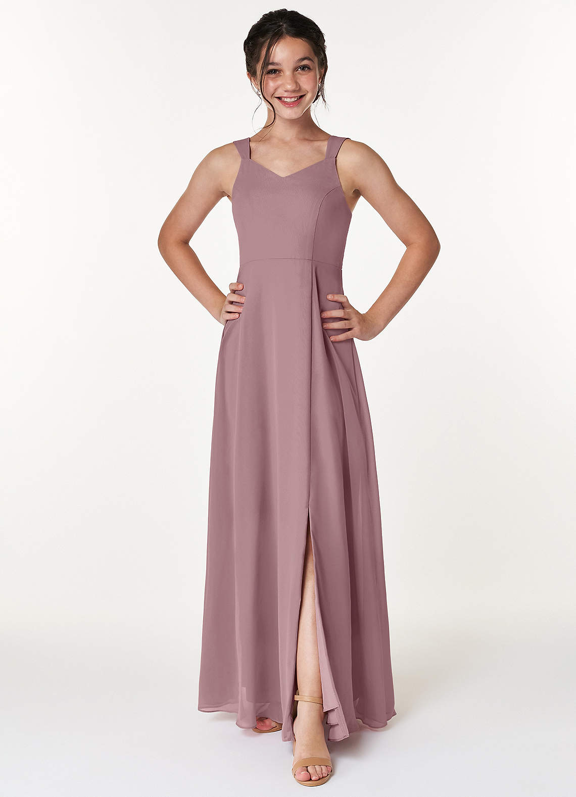 Azazie Julie A-Line Ruched Chiffon Floor-Length Junior Bridesmaid Dress image1