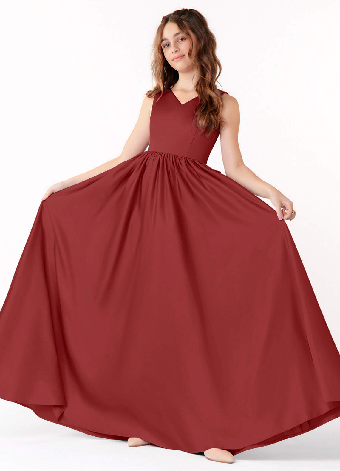 Azazie Hathaway Junior A-Linie Schleifen Matte Satin Kleid Rost image1