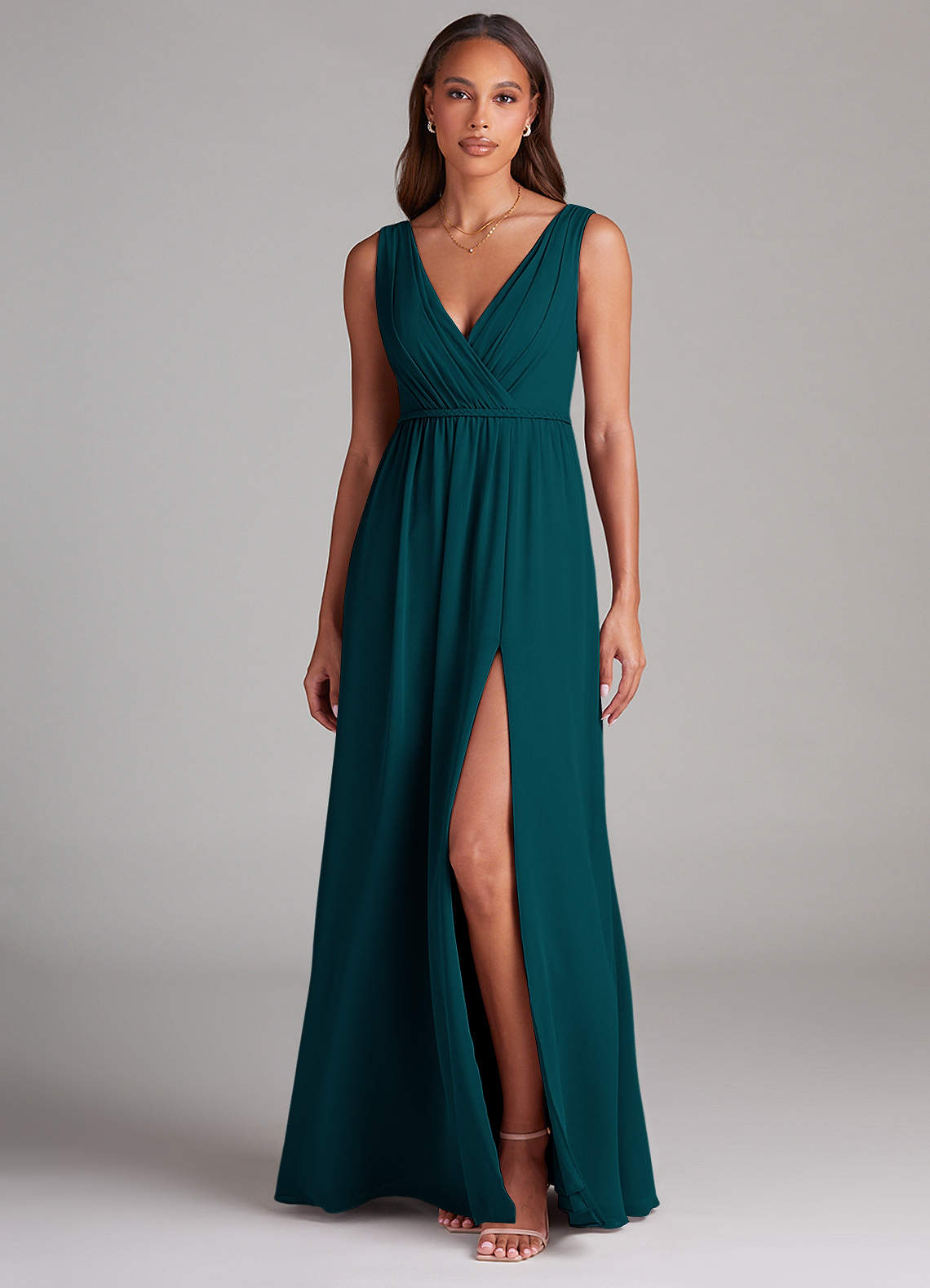 Azazie Tanicia Bridesmaid Dresses Pine A-Line Pleated Chiffon Dress image1