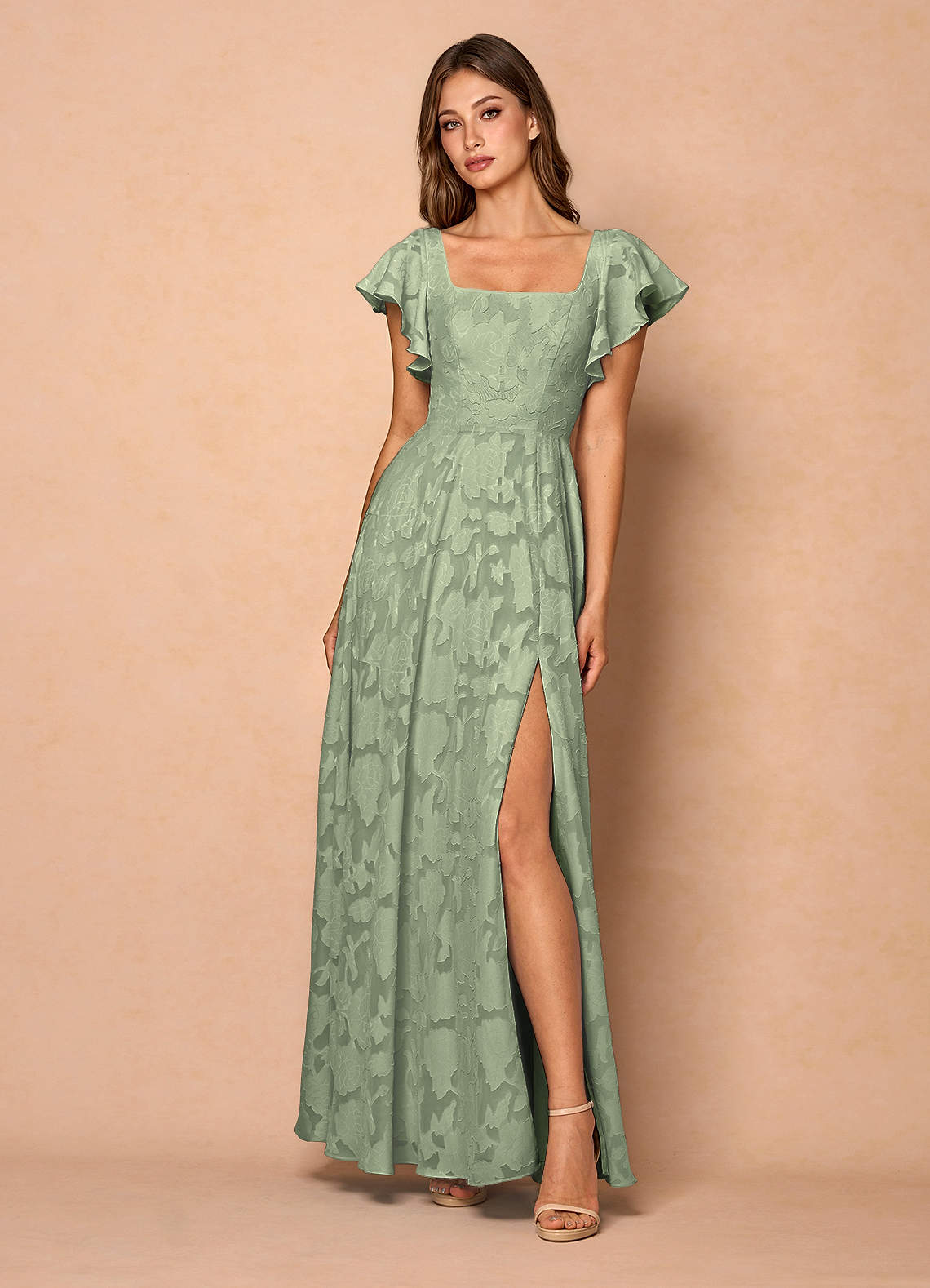 Azazie Floor-Length Maxi Dresses A-Line Wedding Guest Formal Dresses Square Ruffles Agave Green