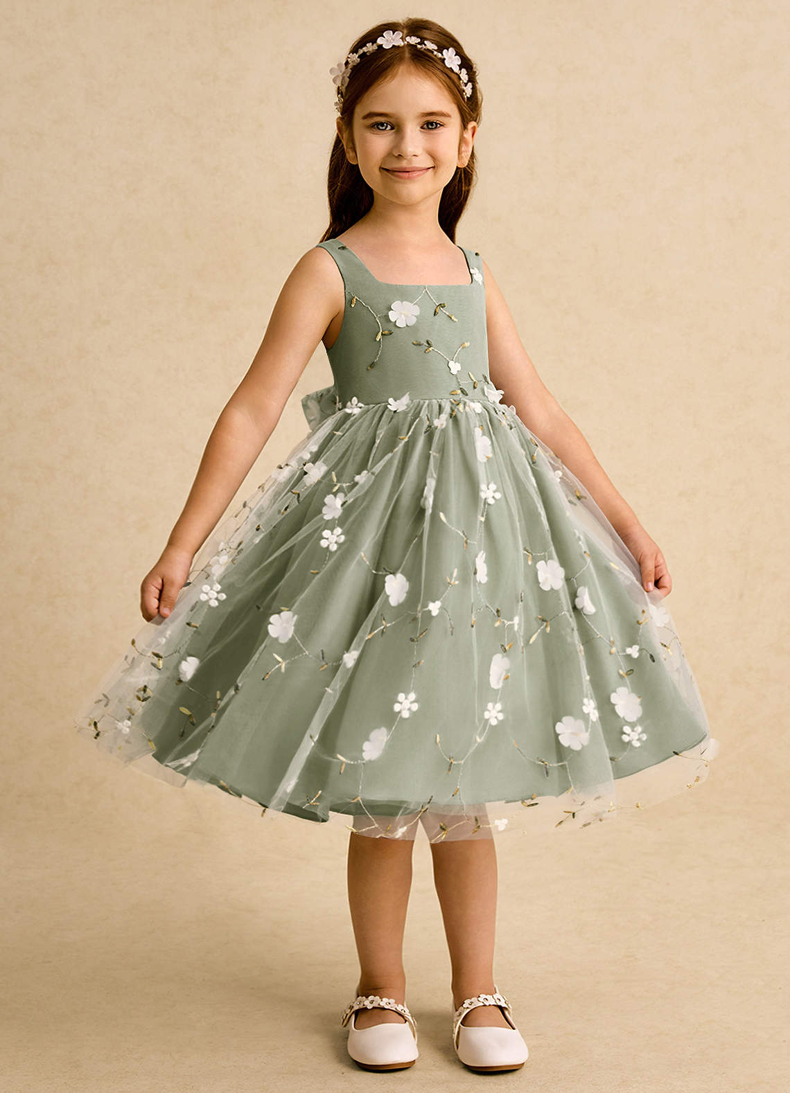 Azazie Bean Robe Demoiselle D'honneur Fillette Robe Princesse en Tulle Sans manches Pistache image3