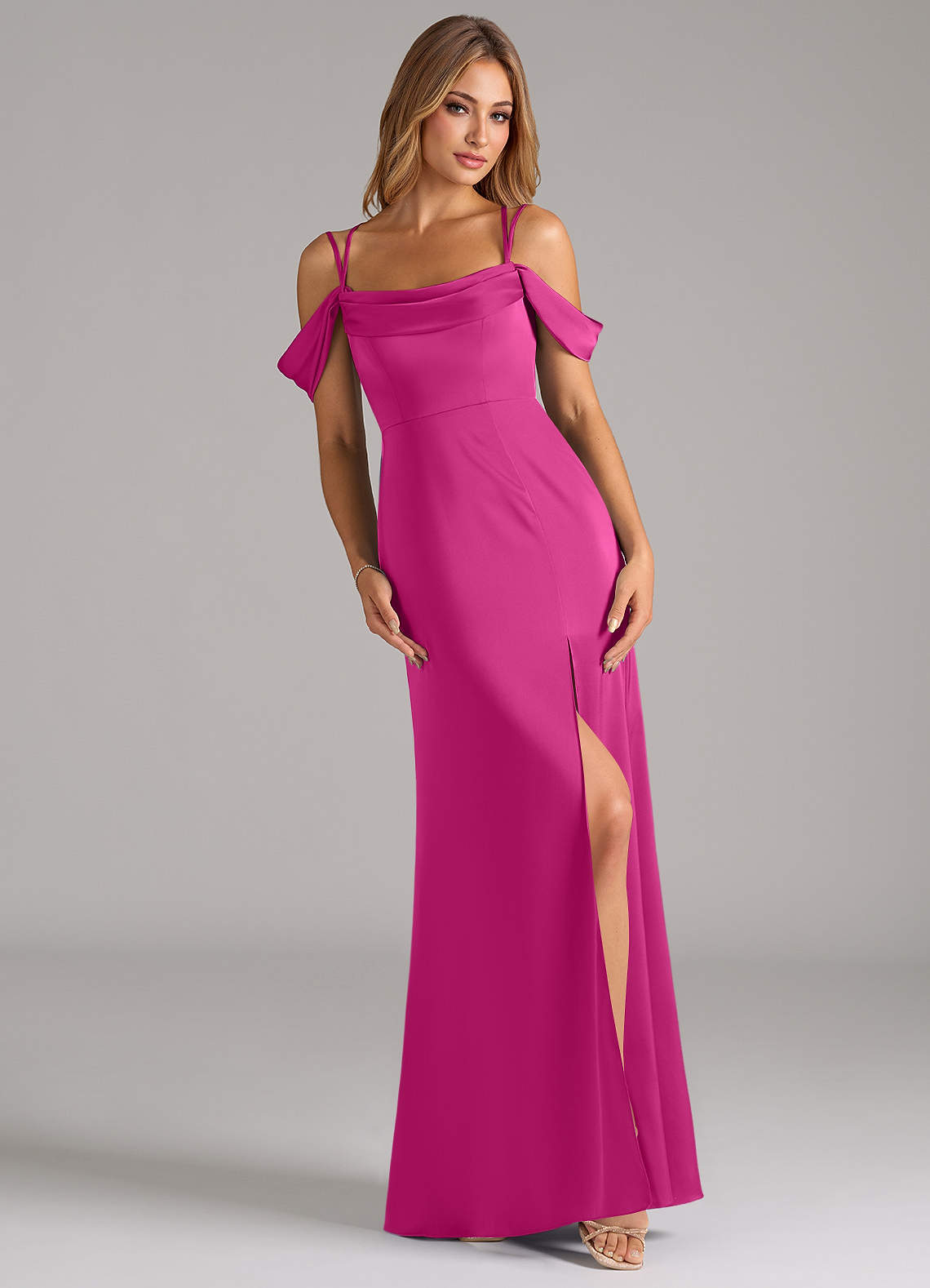 Azazie Callan Bridesmaid Dresses Fuchsia A-Line Pleated Stretch Satin Convertible Dress image1