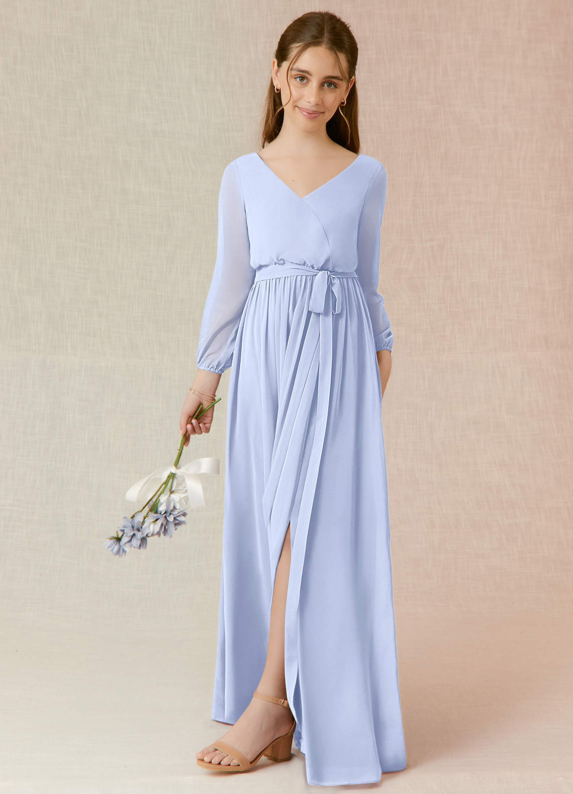 Azazie Angelica Junior Abito A-Line in Chiffon Plissettato Ghiaccio image1