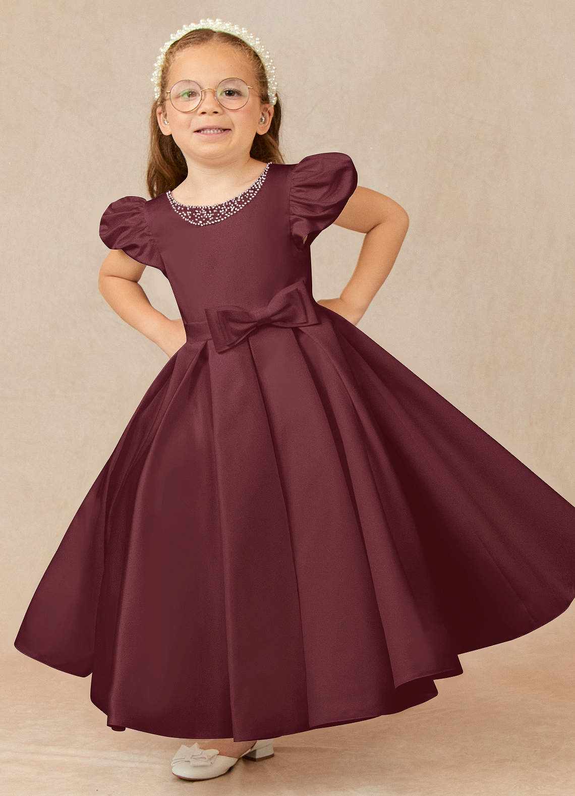 Azazie Jewel vestidos de niña de las flores Vestido de Cabernet de Satin Mate de Vestido de gala con Plisado image1