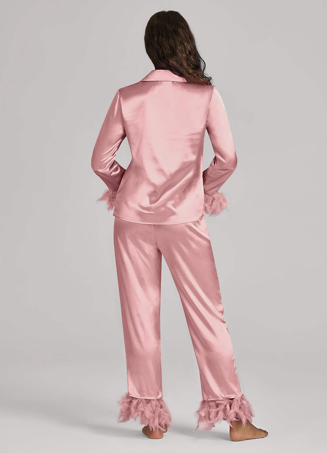 front Matching Color Satin Feathered Pajamas
