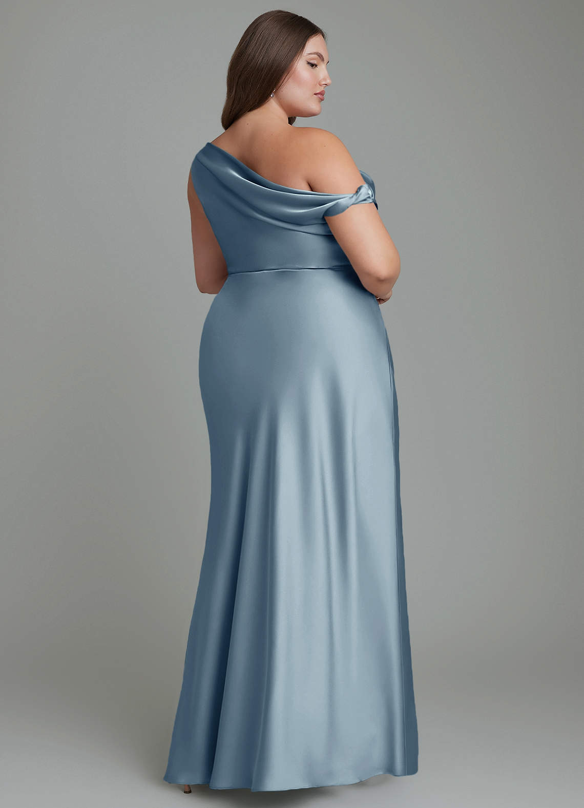 Azazie Emerson Bridesmaid Dresses Dusty Blue Mermaid Off the Shoulder Stretch Satin Dress image8