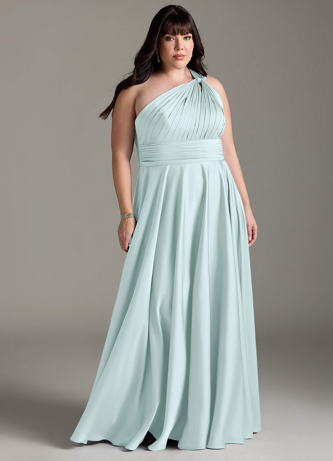 Azazie Charlize Bridesmaid Dresses Sea Glass A-Line One Shoulder Stretch Satin Dress image1