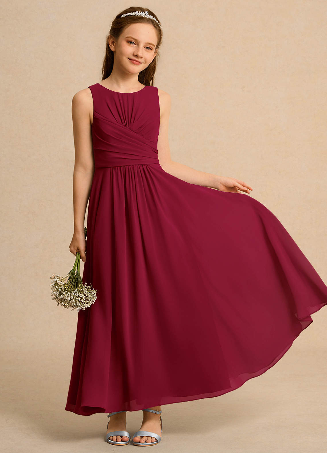 Azazie Ducky Junior Formal Blumenmädchenkleider A-Linie Plissee Chiffon Kleid Burgunderrot image1