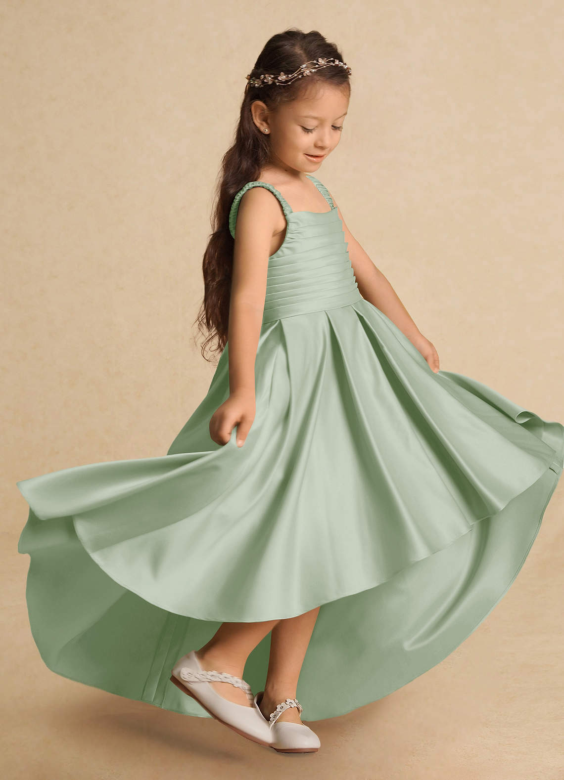 Azazie Kat Flower Girl Dresses Dusty Sage A-Line Pleated Matte Satin Dress image1