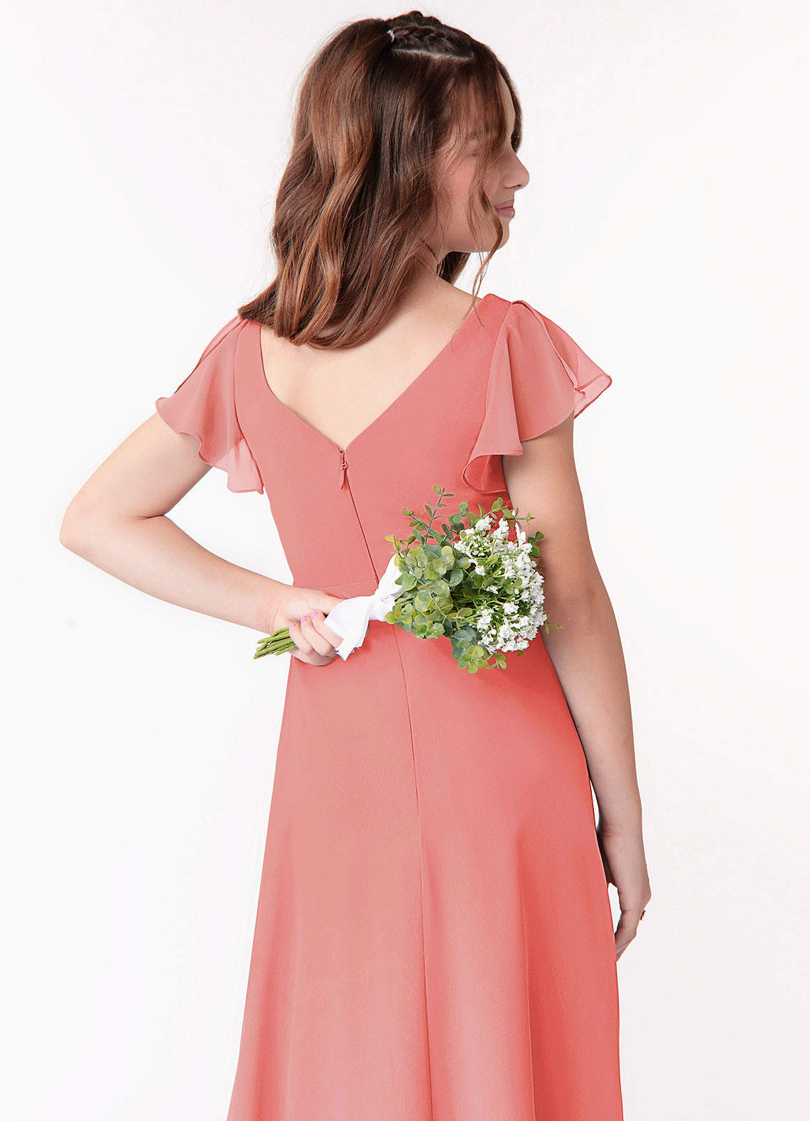 Azazie Omari Junior Vestido Coral de Chiffon de Linha A com Ruched image2