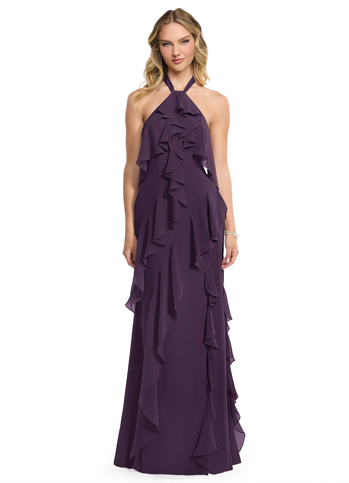 Azazie Velma Bridesmaid Dresses Plum A-Line Side Slit Chiffon Dress image1