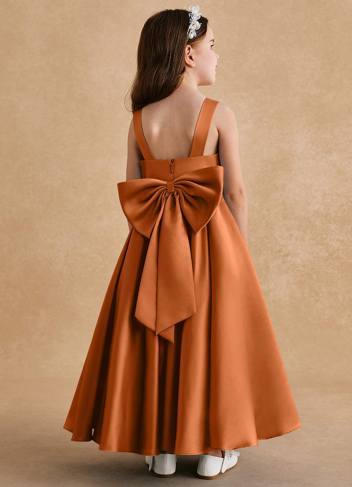 Azazie Honey Bear Flower Girl Dresses Copper A-Line Pleated Matte Satin Dress image1
