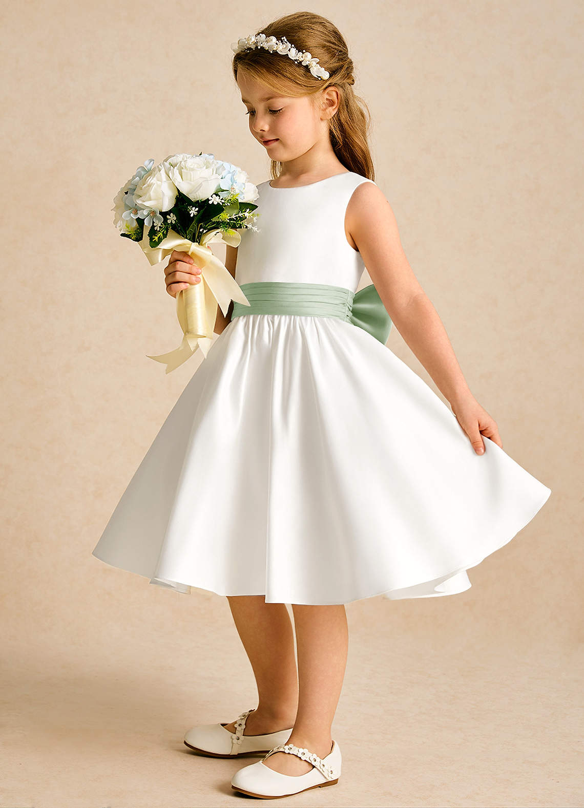 Azazie Sosie Flower Girl Dresses Ivory Dusty Sage A-Line Pleated Matte Satin Dress image2