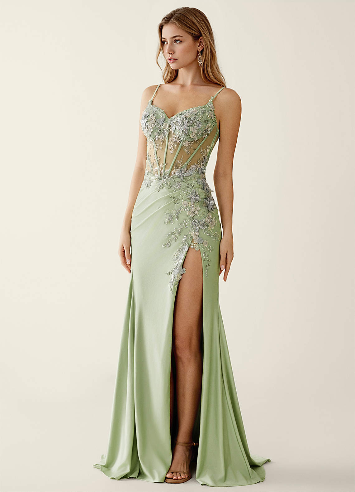 Manuelly Light Green Satin/Lace 3D Flower Prom Dress | Azazie Manuelly Light Green Satin/Lace 3D Flower Prom Dress | Azazie