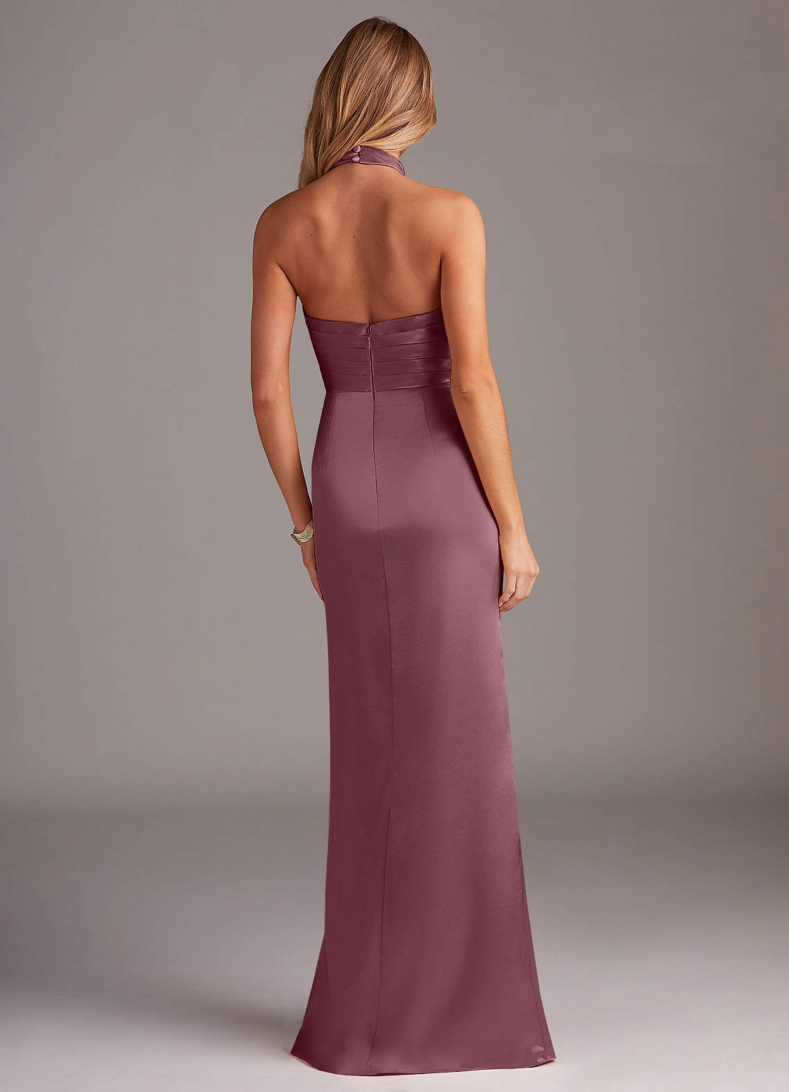 Azazie Jemma At-home Try On Dresses Amethyst Sheath Pleated Stretch Satin Dress image5