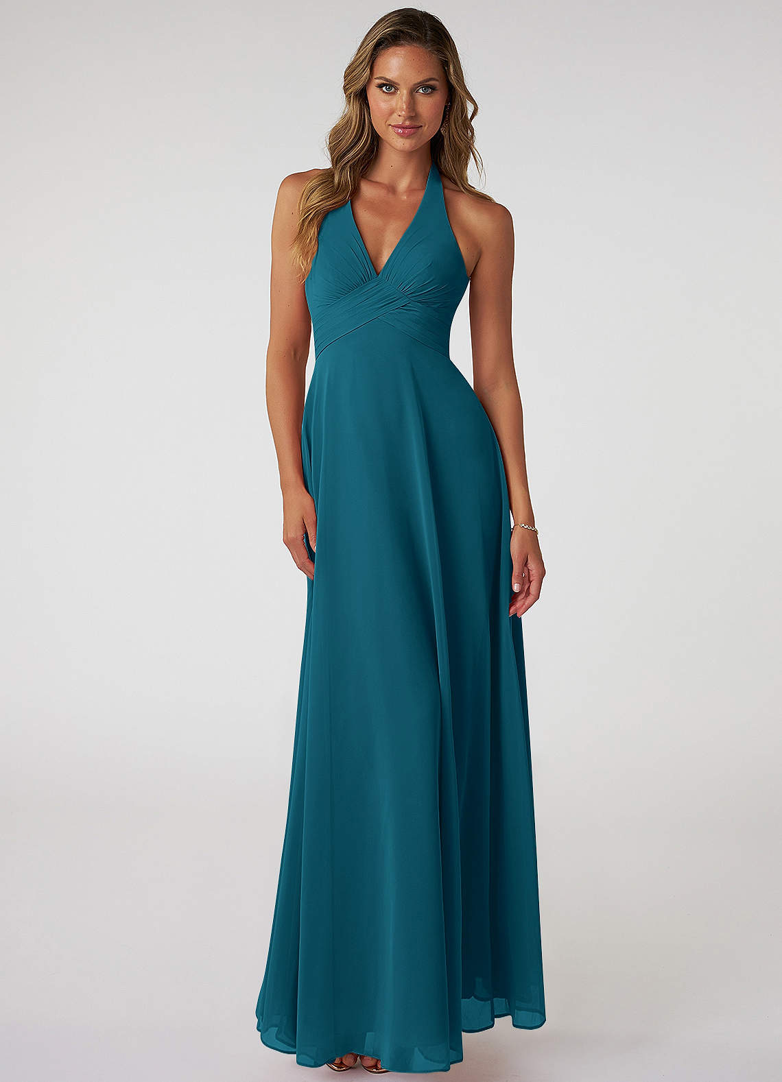 Azazie Tessie Bridesmaid Dresses Ink Blue A-Line V-Neck Pleated Chiffon Dress image1