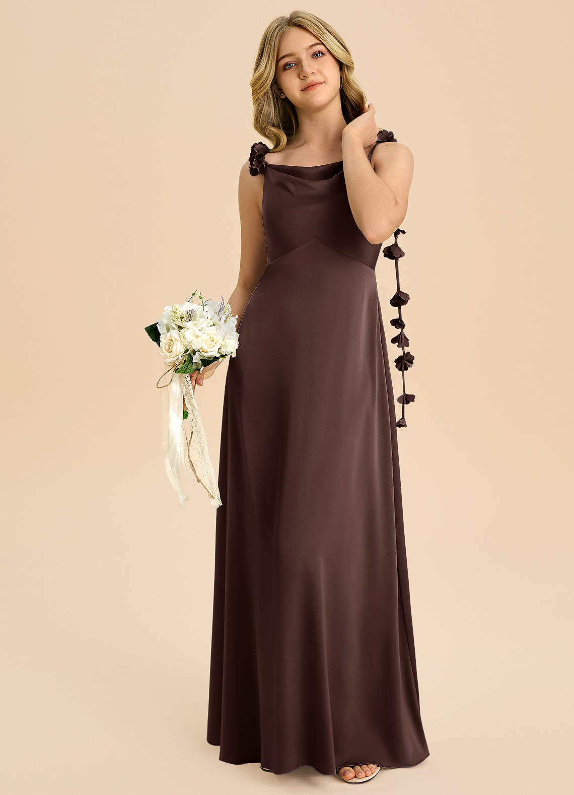 Azazie Gumdrop Junior Ganache Empire Pleated Stretch Satin Dress image1