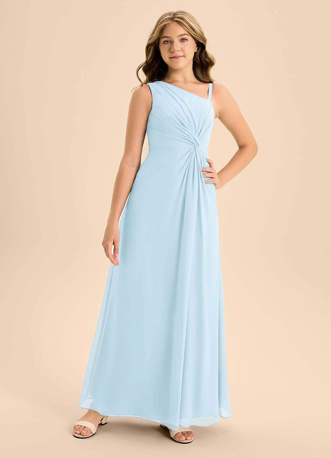 Azazie Brooke Junior Sky Blue A-Line Side Slit Chiffon Dress image3