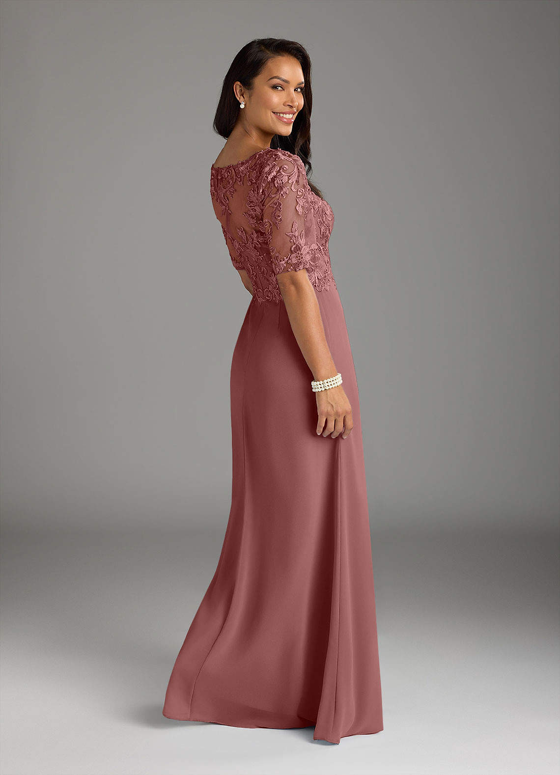 Azazie Amedeus Desert Rose A-Line V-Neck Lace Chiffon Dress | Azazie Azazie Amedeus Desert Rose A-Line V-Neck Lace Chiffon Dress | Azazie