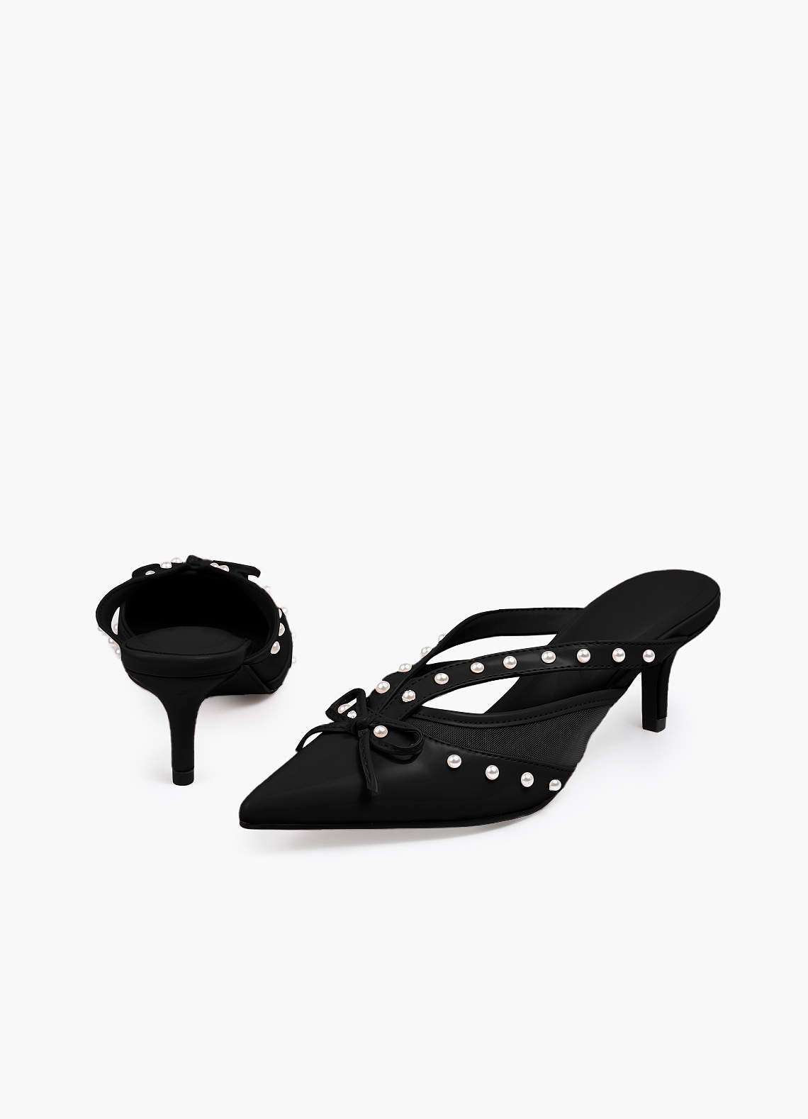 front Pearl and Bow Pointed Toe Kitten Heels