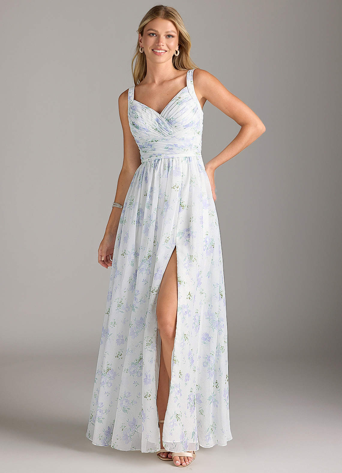 Azazie Chanel Bridesmaid Dresses Blue Vintage Floral A-Line Pleated Chiffon Dress image1