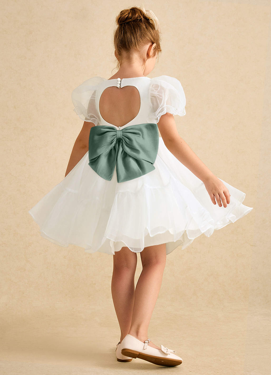 Azazie Debbie Abiti da Ragazza di Fiori Abito Principessa in Organza Scollo a Cuore Avorio Eucalipto image5