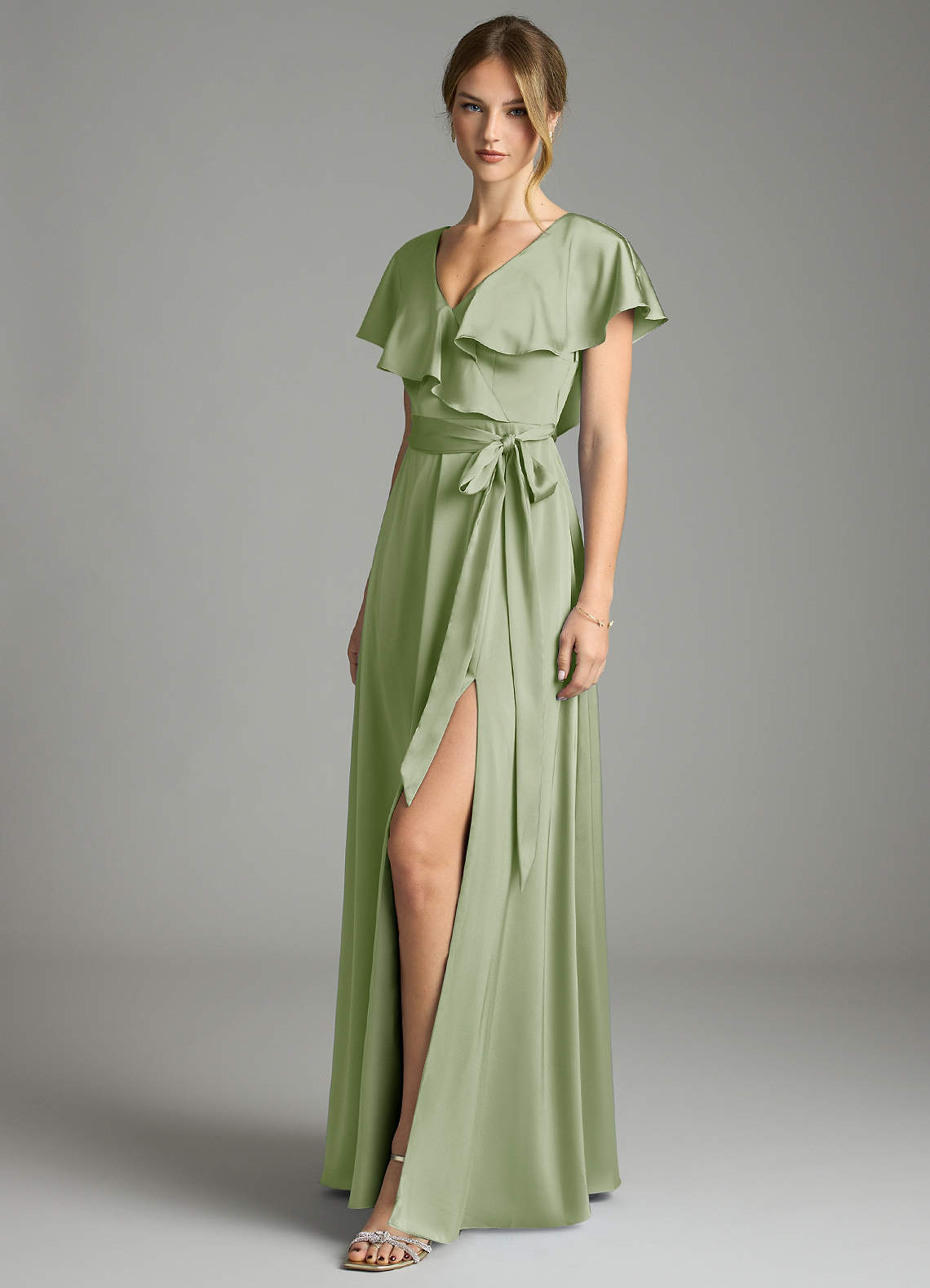 Azazie Lainey Bridesmaid Dresses Dusty Sage A-Line with Pockets Stretch Satin Dress image1