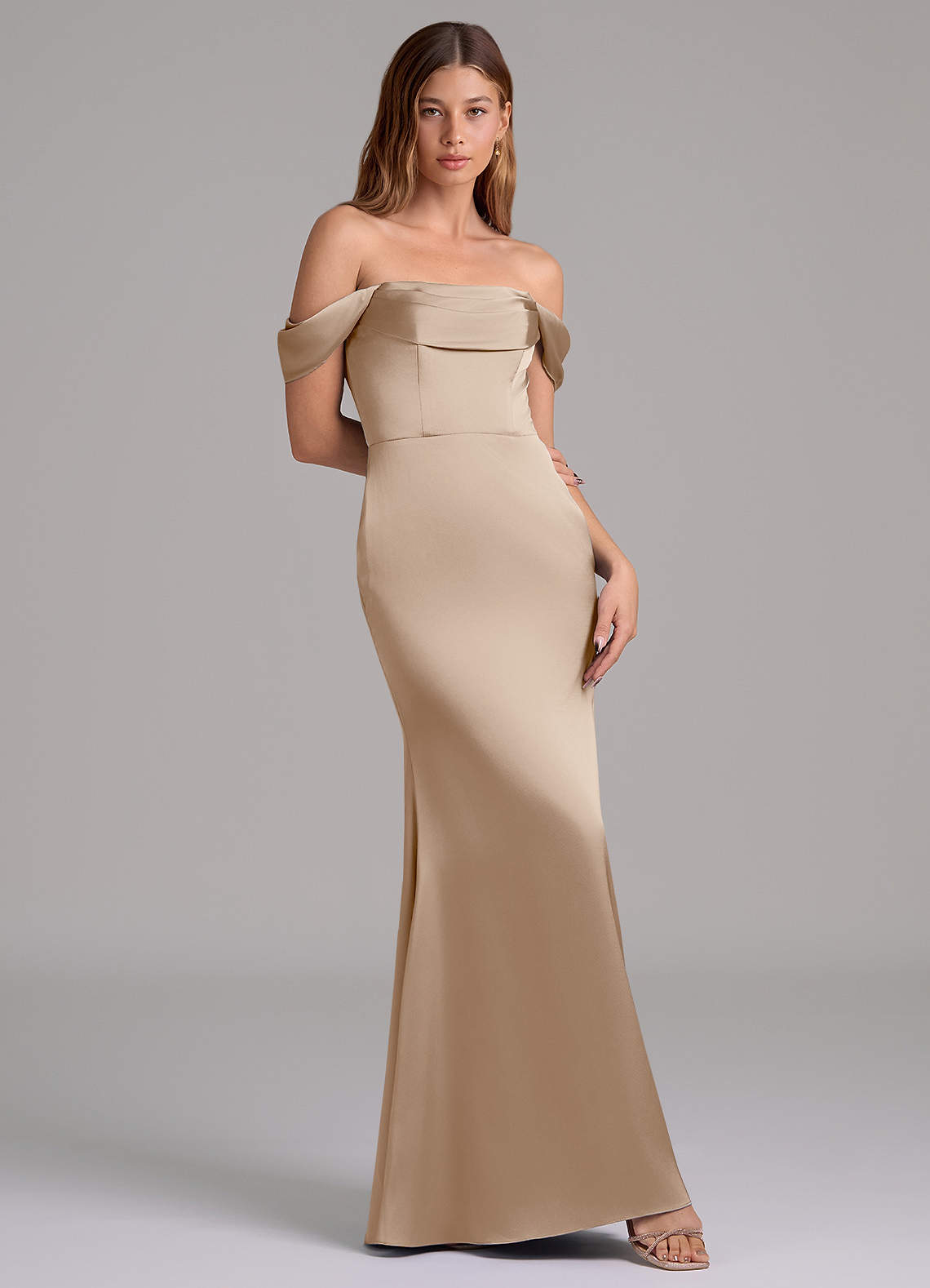 Azazie Miley 신부 들러리 드레스 인어 오프 더 숄더 스트레치 새틴 바닥 길이 드레스 image1