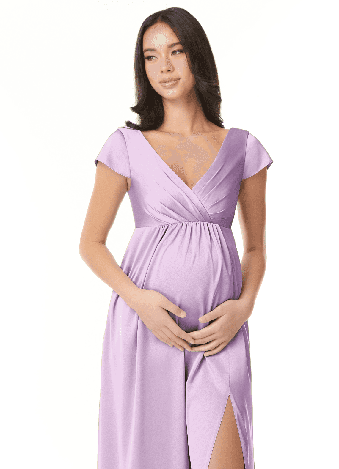 Azazie Allessia At-home Try On Dresses A-Line Pleated Stretch Satin Floor-Length Dress image4