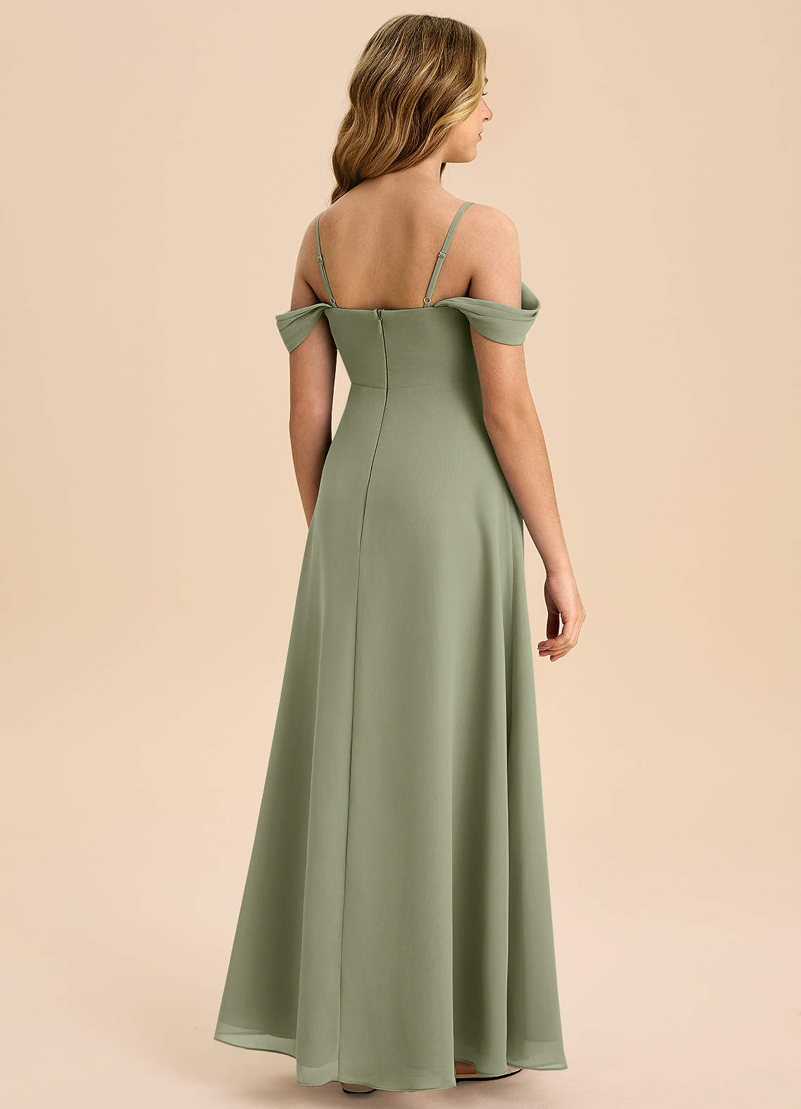 Azazie Anselie Junior Pistachio A-Line Off the Shoulder Chiffon Dress image1