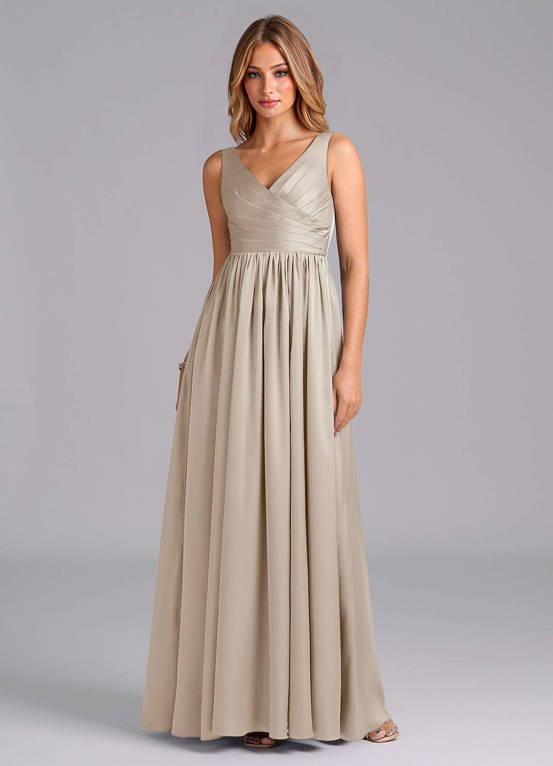 Azazie Keyla Bridesmaid Dresses Frost A-Line Pleated Stretch Satin Dress image1
