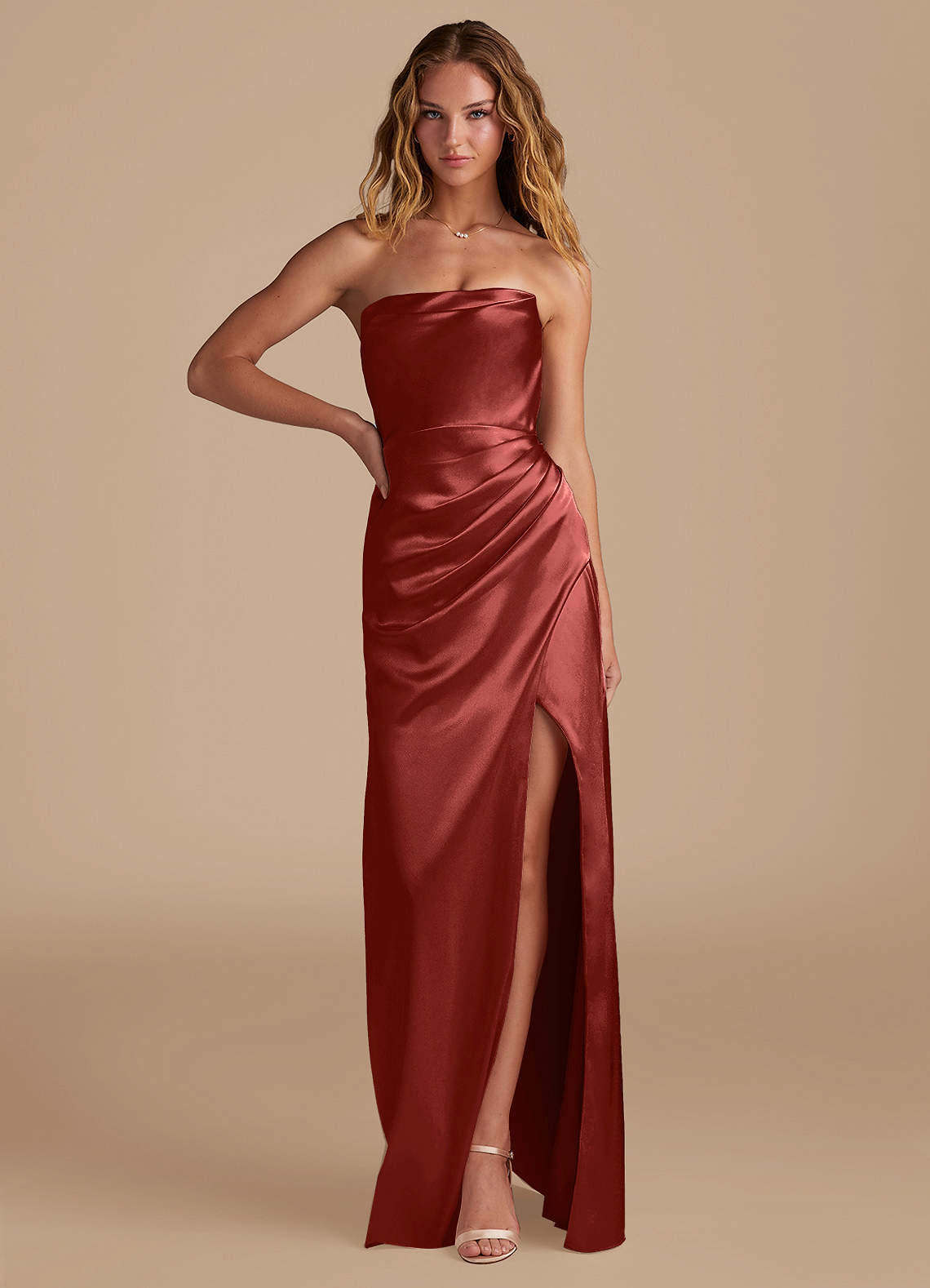 Azazie Leonis Bridesmaid Dresses Terracotta Mermaid Pleated Metallic Satin Convertible Dress image1