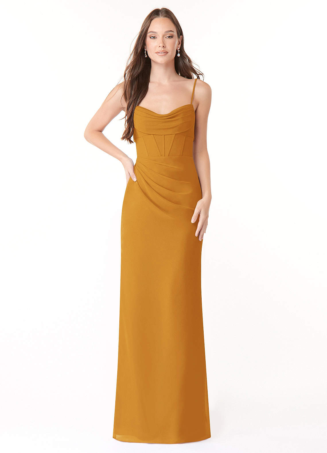 Azazie Mai Bridesmaid Dresses Butterscotch Sheath Pleated Chiffon Dress image1