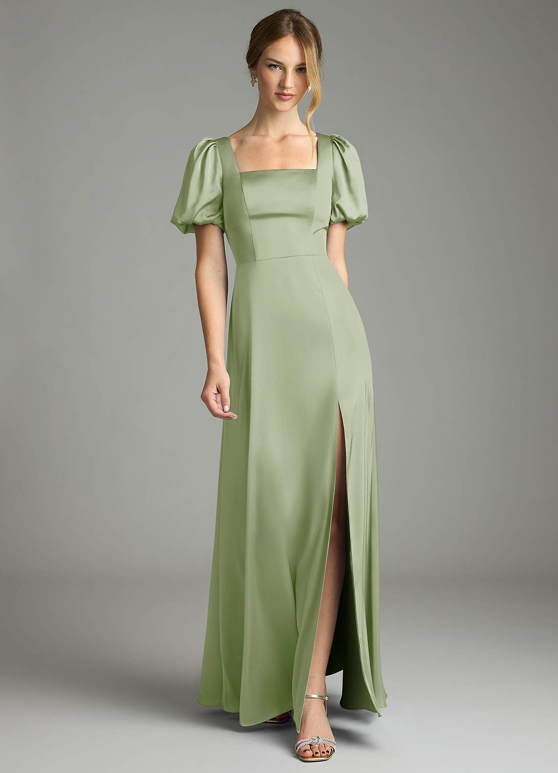 Azazie Fyona Vestidos de damas de honor Vestido de Salvia Polvorienta de Satén Elástico de Corte en A con Plisado image1