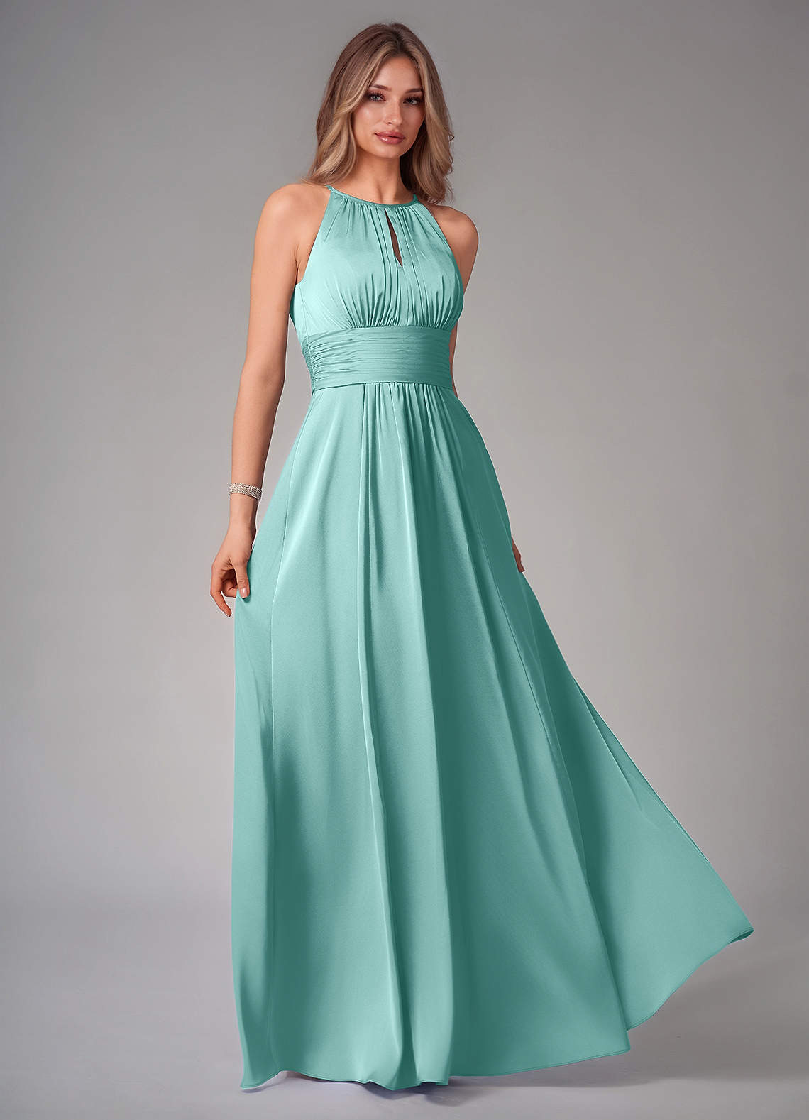 Azazie Bonnie Bridesmaid Dresses Aqua A-Line Pleated Stretch Satin Dress image1
