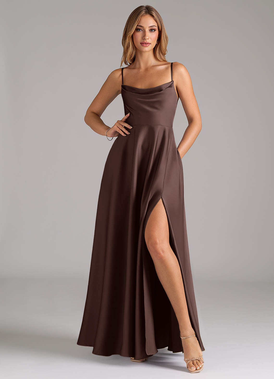 Azazie Elle Bridesmaid Dresses Ganache A-Line Pleated Stretch Satin Dress image2