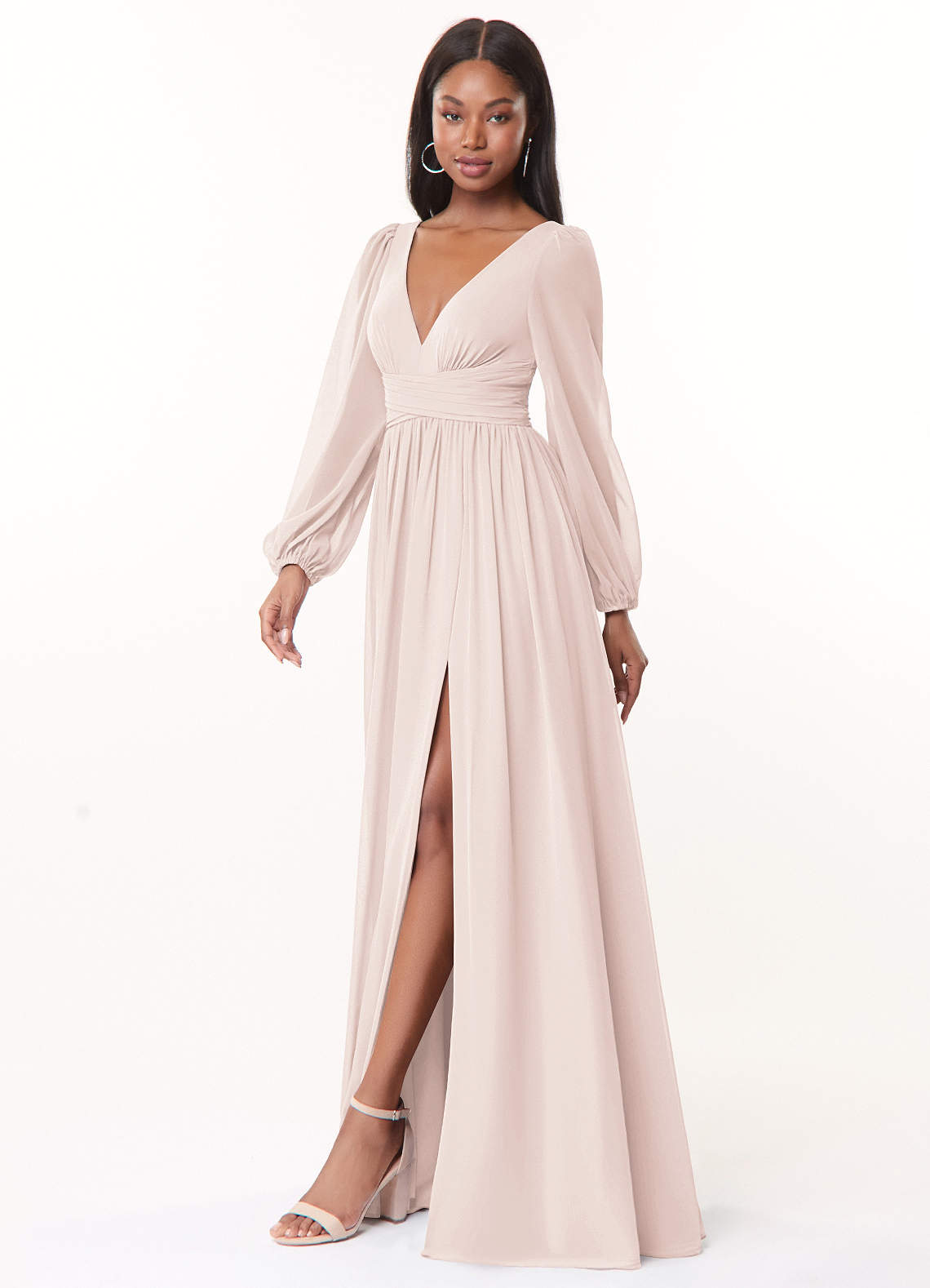 blue dress for baby girl Zapaka Women Dusty Rose A Line Maxi Bridesmaid Dress Long Sleeves V-Neck Wedding Guest Dress, Dusty Rose / US8 main image 1