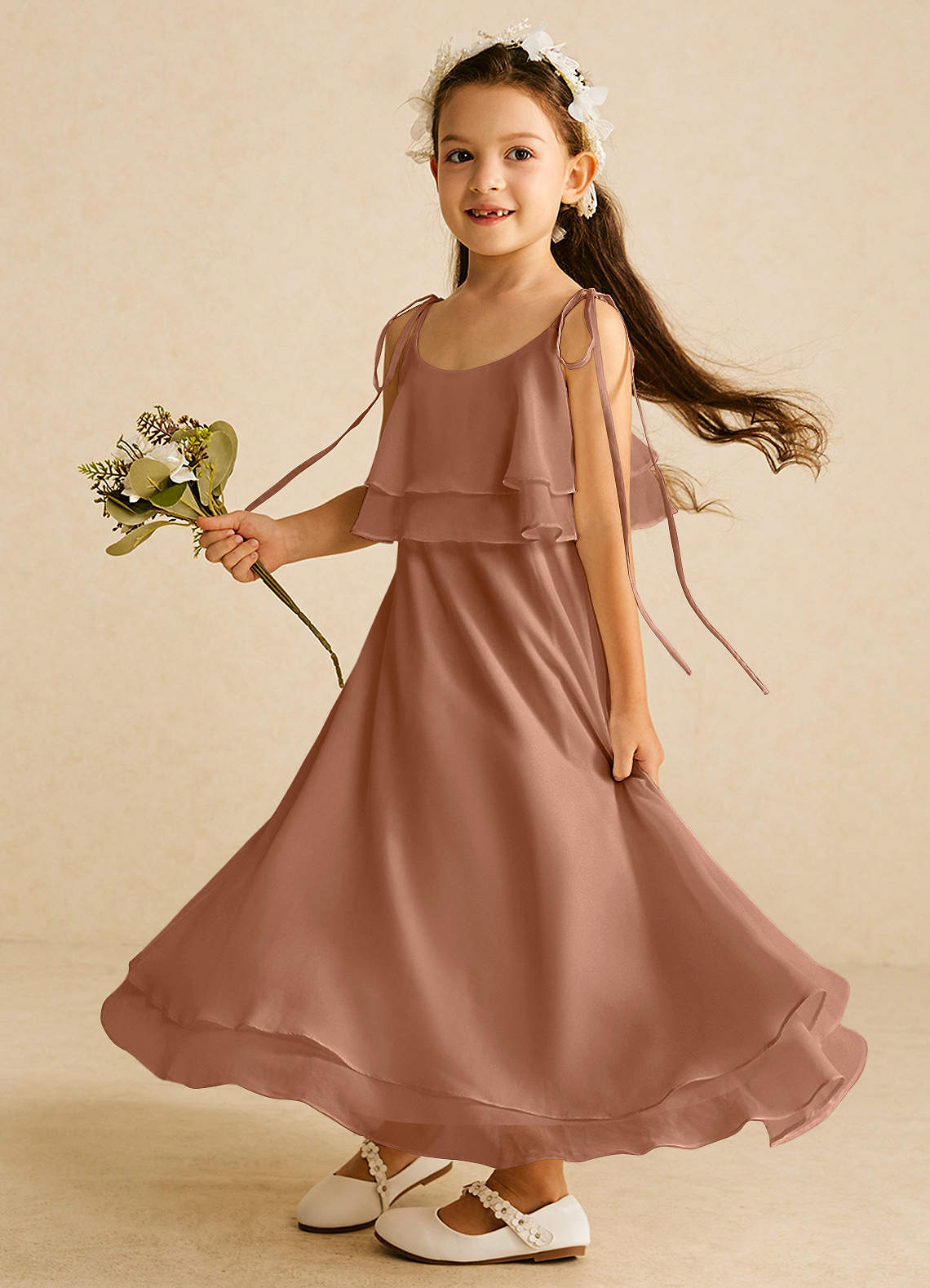 Azazie Temi Flower Girl Dresses Bronzer A-Line Spaghetti Strap Chiffon Dress image1