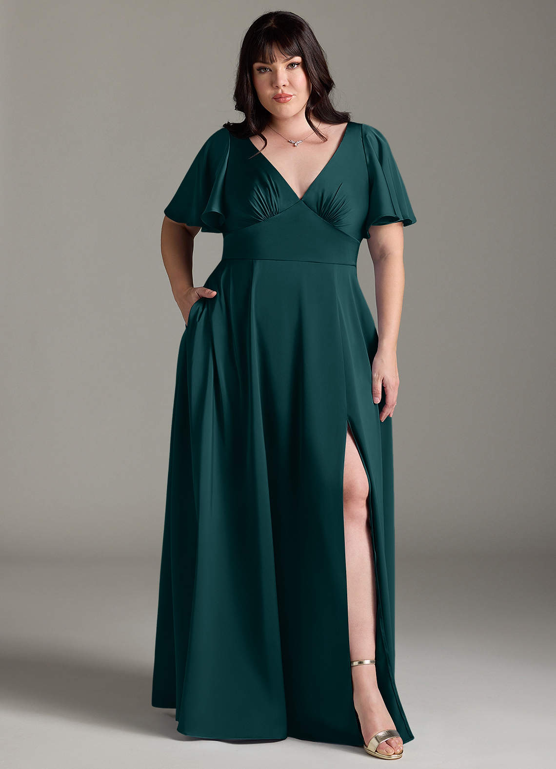 Azazie Kimber Brudtärnklänningar Klänning av A-Line i Stretch Satin Ruched Tallgrön image1