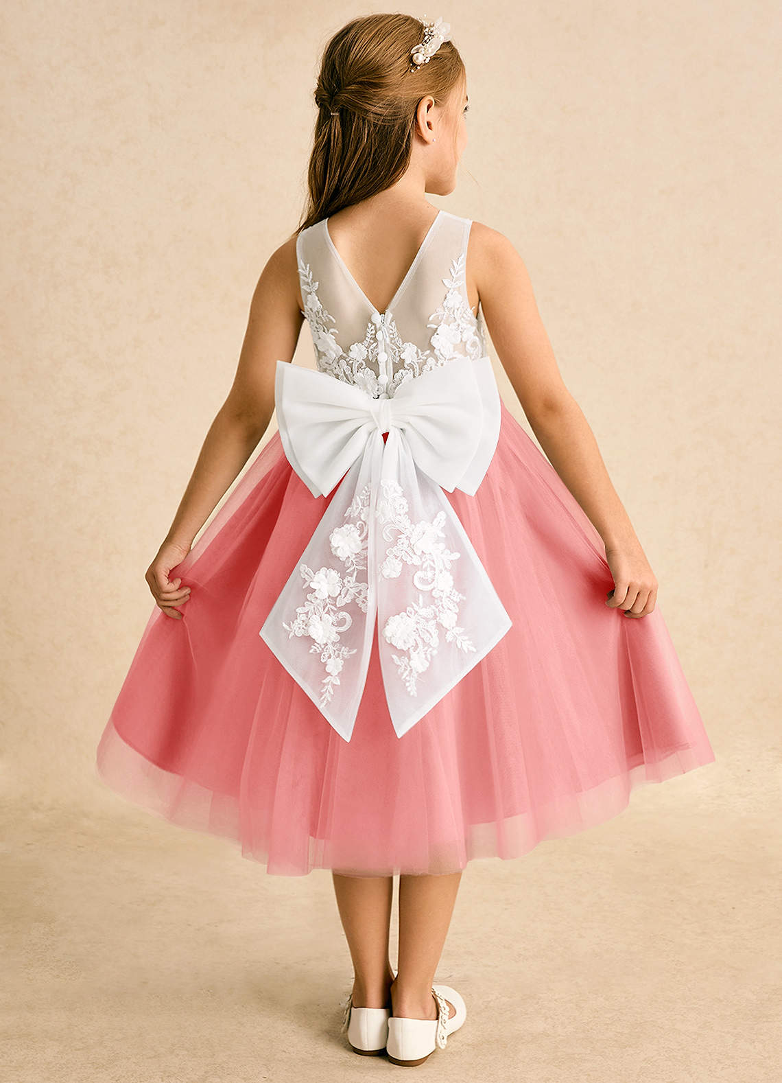 Azazie Lina Flower Girl Dresses Ivory Coral Ball-Gown Lace Dress image1