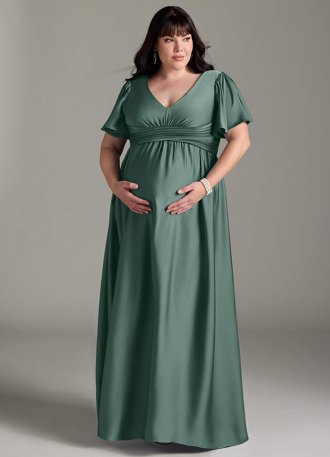 Azazie Verna vestidos de dama de honor de maternidad Vestido de Corte En A Volante Hasta el suelo Satén Elástico image12