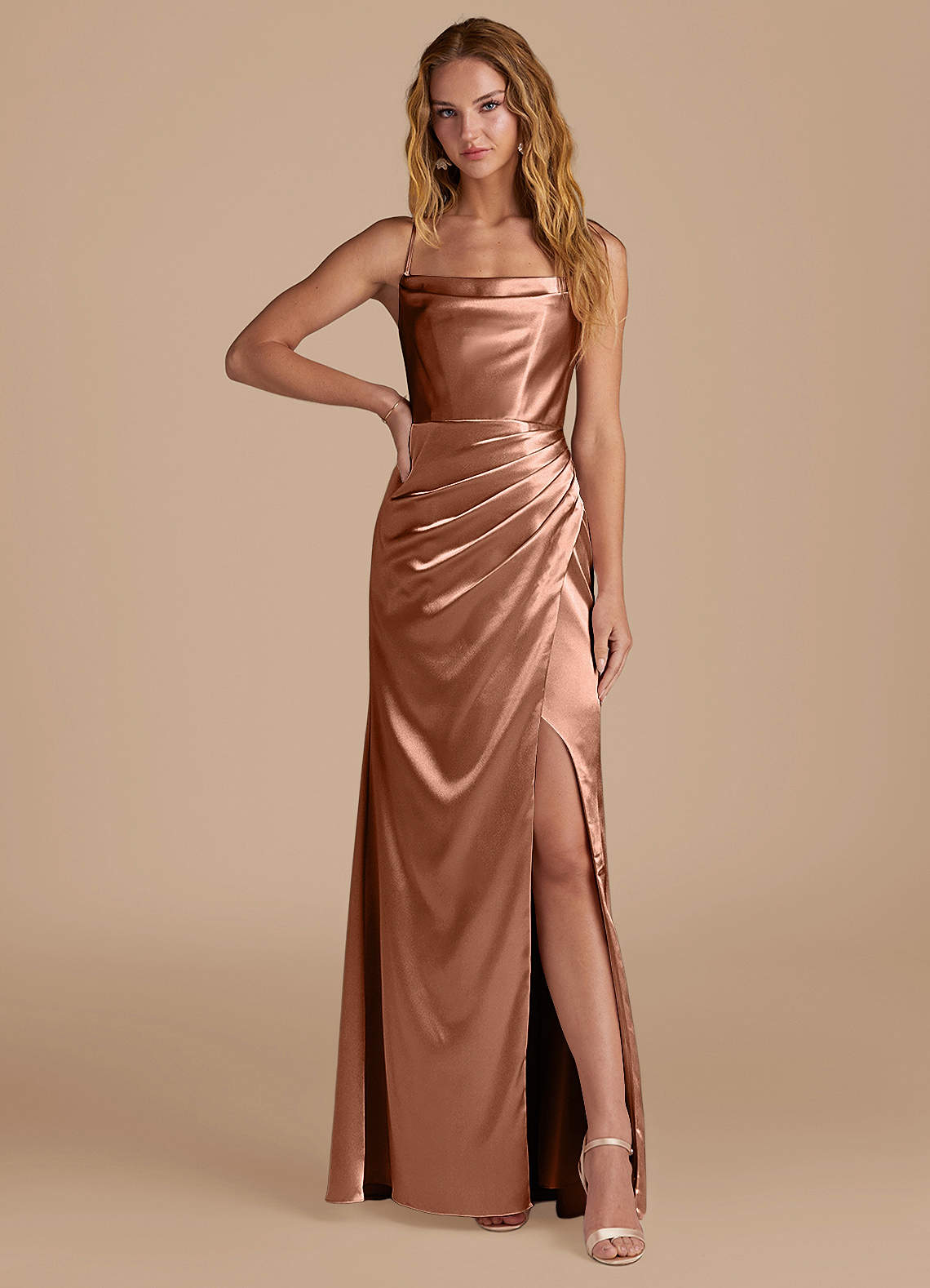 Azazie Marzia Bridesmaid Dresses Bronzer Mermaid Pleated Metallic Satin Dress image1