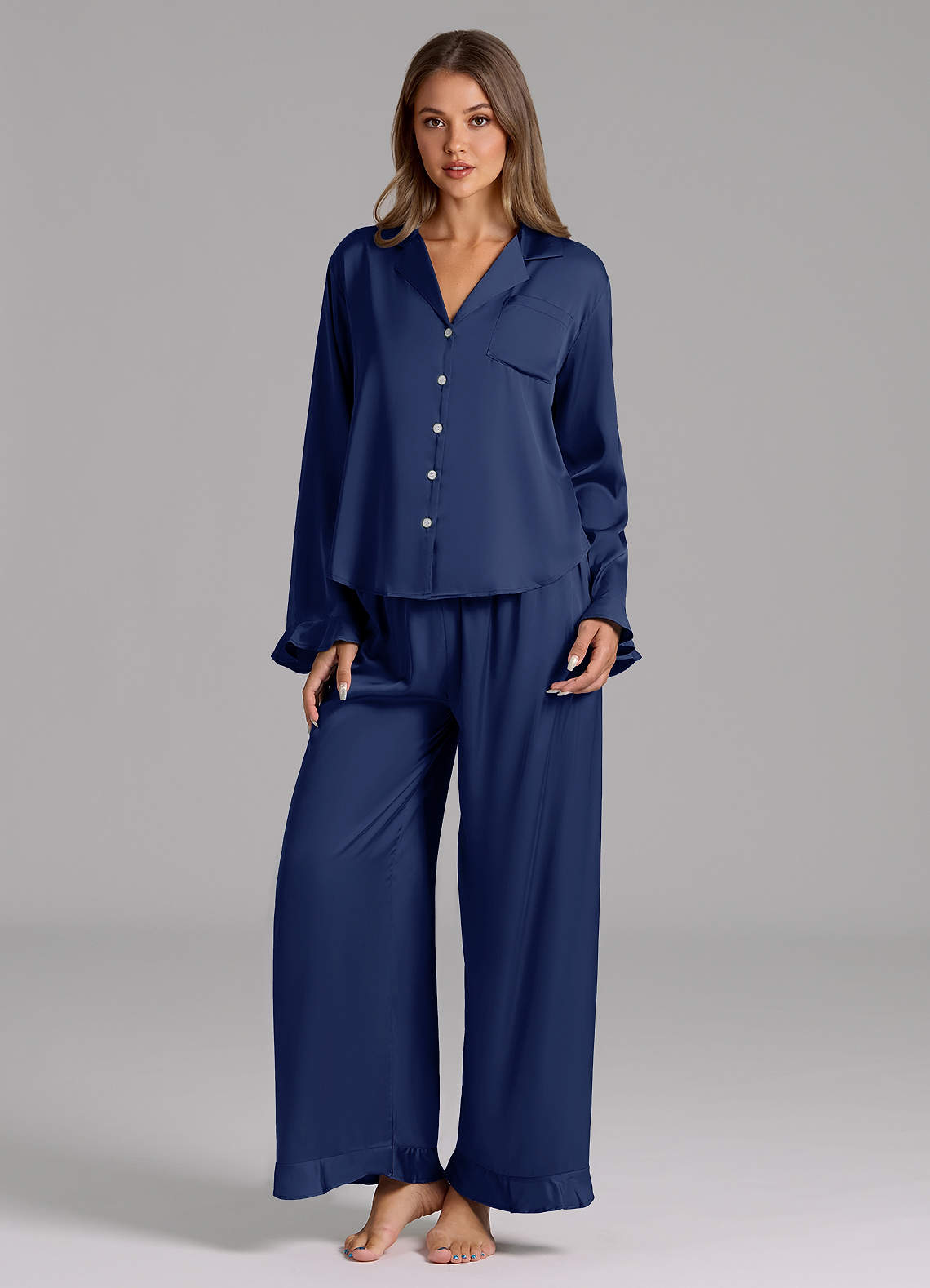 front Matching Color Ruffled Satin Long Sleeve Pajama Set