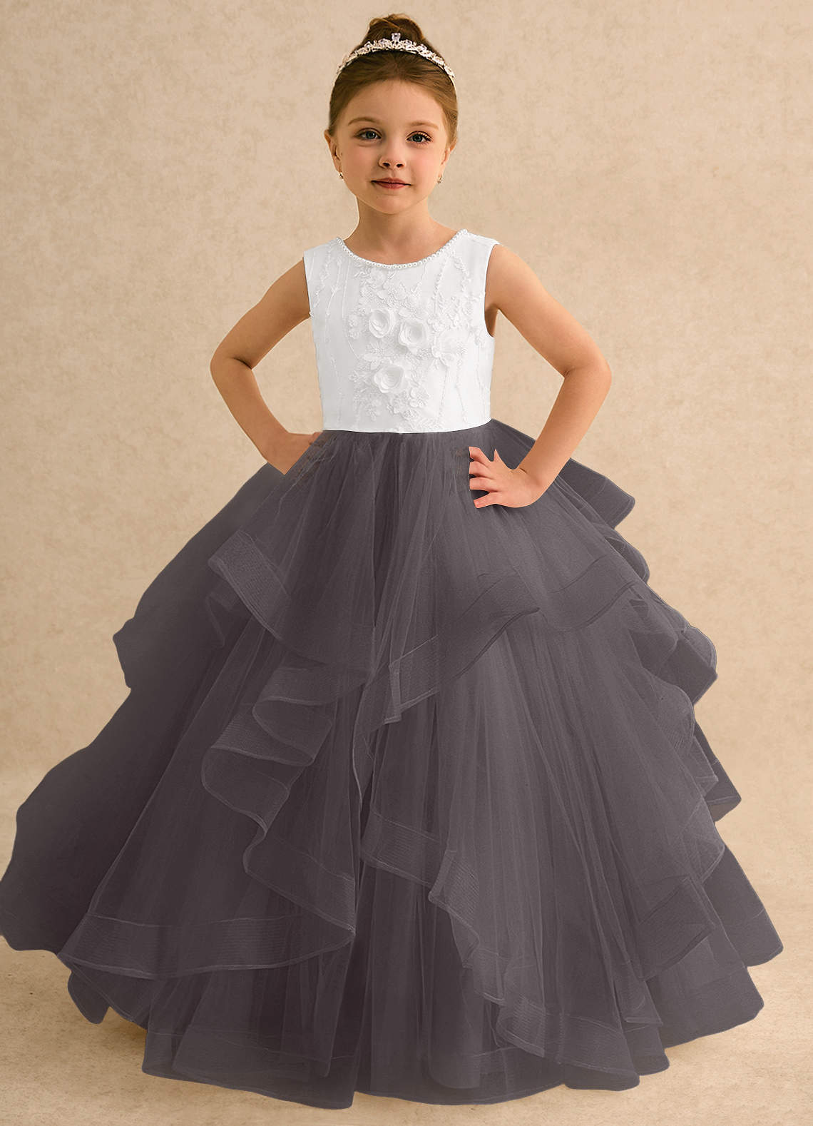 grey flower girl dresses Azazie Ball-Gown Scoop Neck Floor-Length Tulle Charro Days