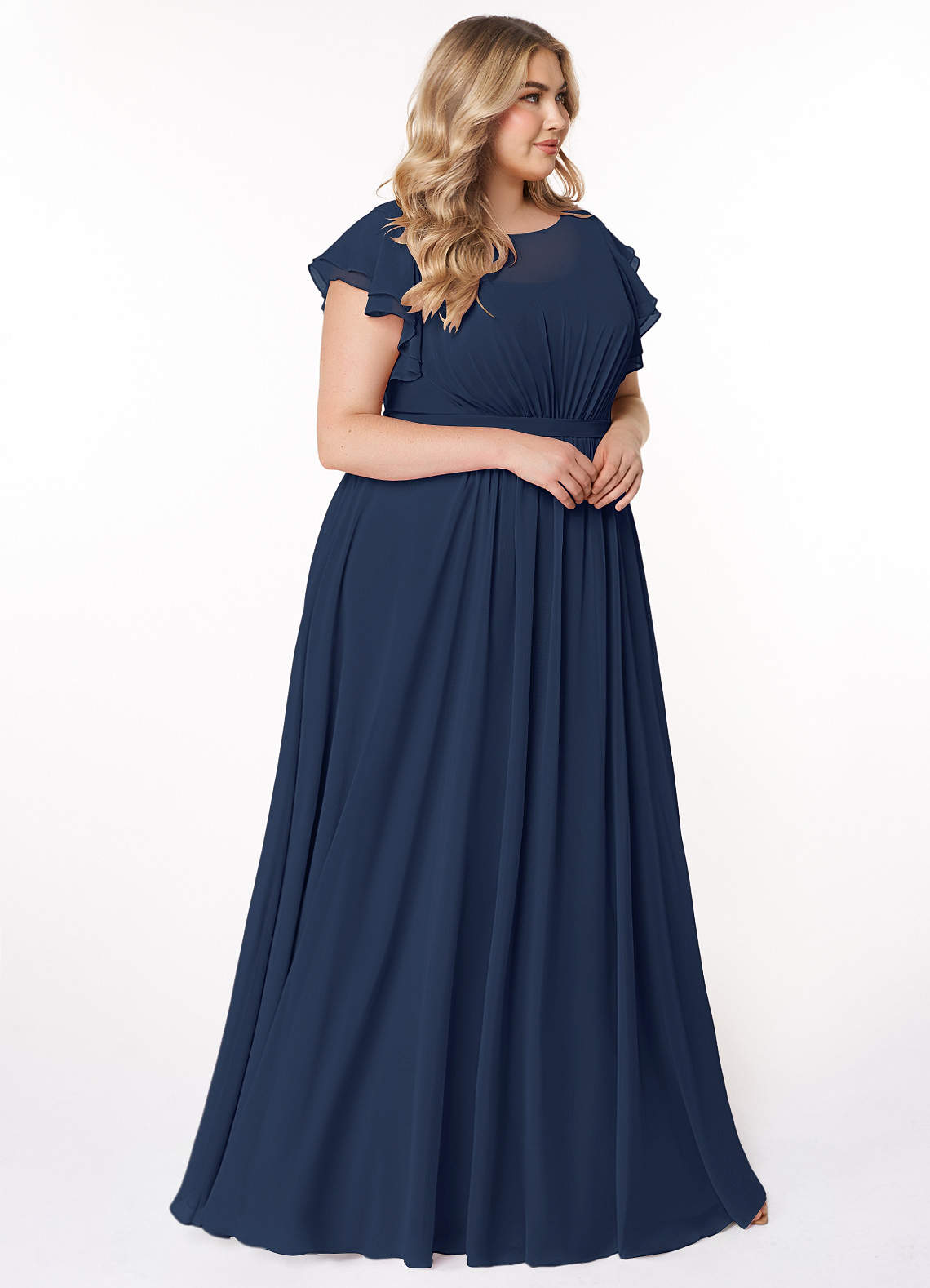 Azazie A Line Princess Illusion Floor Length Chiffon Modest Bridesmaid Dresses Dark Navy