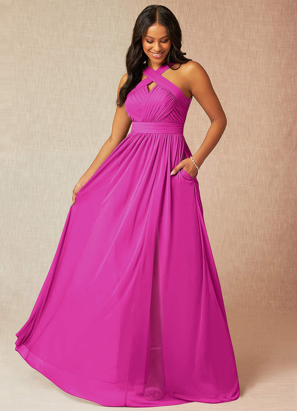 Azazie Hillian Vestidos de damas de honor Vestido de Fucsia de Malla de Corte en A con Halter Plisado image1