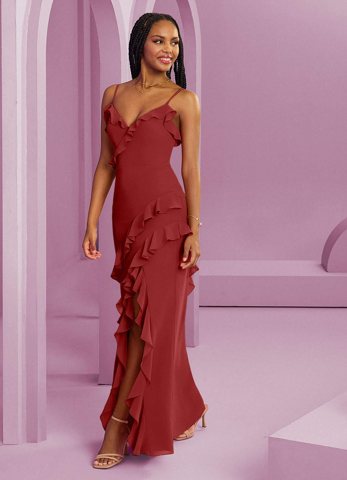 Barbie ♥ Azazie Bridesmaid Dresses Rust Sheath Chiffon Dress image1