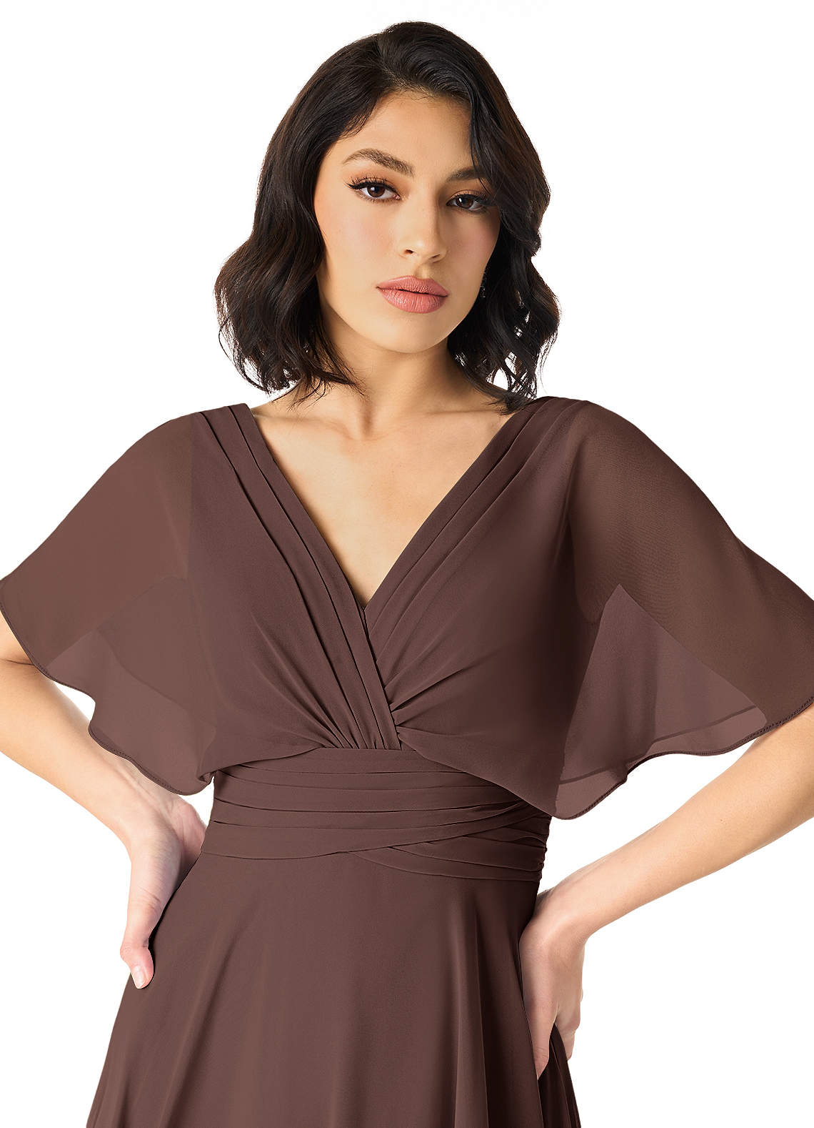 Azazie Pamela Bridesmaid Dresses Ganache A-Line V-Neck Pleated Chiffon Dress image3